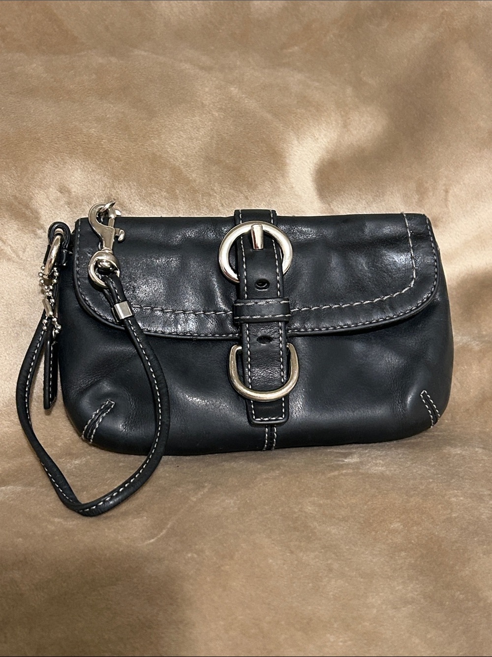 Coach SoHo Black Leather Vintage Wristlet Clutch with Silver Buckle
